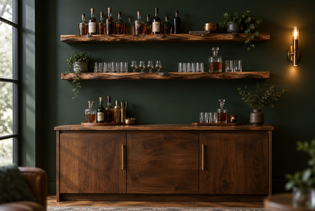 A home bourbon bar wall with live-edge solid wood floating shelves holding whiskey bottles and glasses above a solid wood bar cabinet, dark green wall, warm sconce light