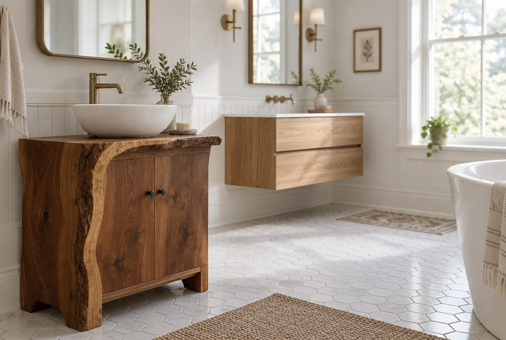 A live-edge solid wood freestanding bathroom vanity with a cabinet and a white vessel sink beside a floating wood vanity in a bright classic bathroom with hex tile