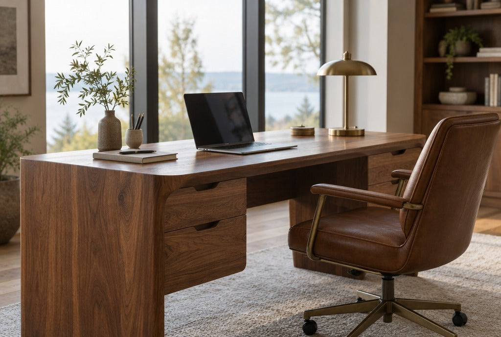 A sculpted solid wood desk with drawers in a home office with tall windows, a laptop, a brass lamp and a leather chair