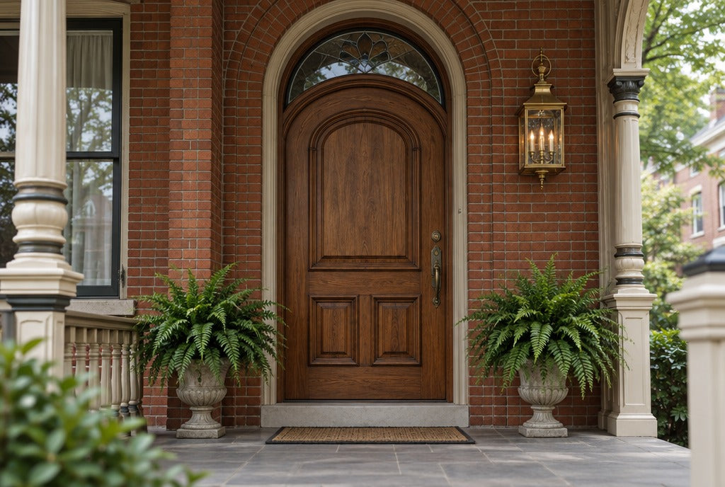 A handcrafted solid wood arched front door with carved panels on a brick Victorian porch in Louisville, potted ferns and a brass lantern