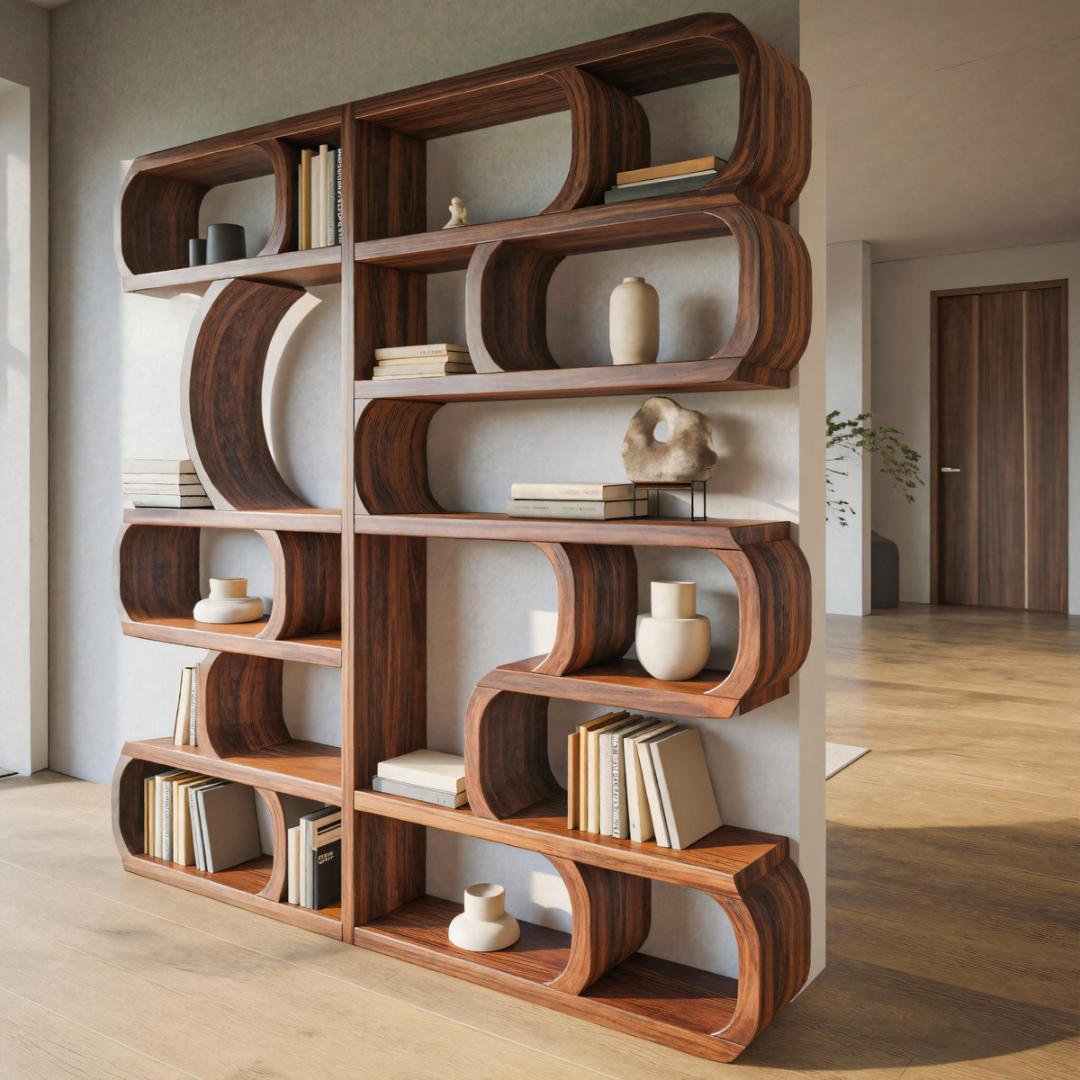 Modern Sculptural Bookshelf With Symmetrical Curves For Living Room Or Office