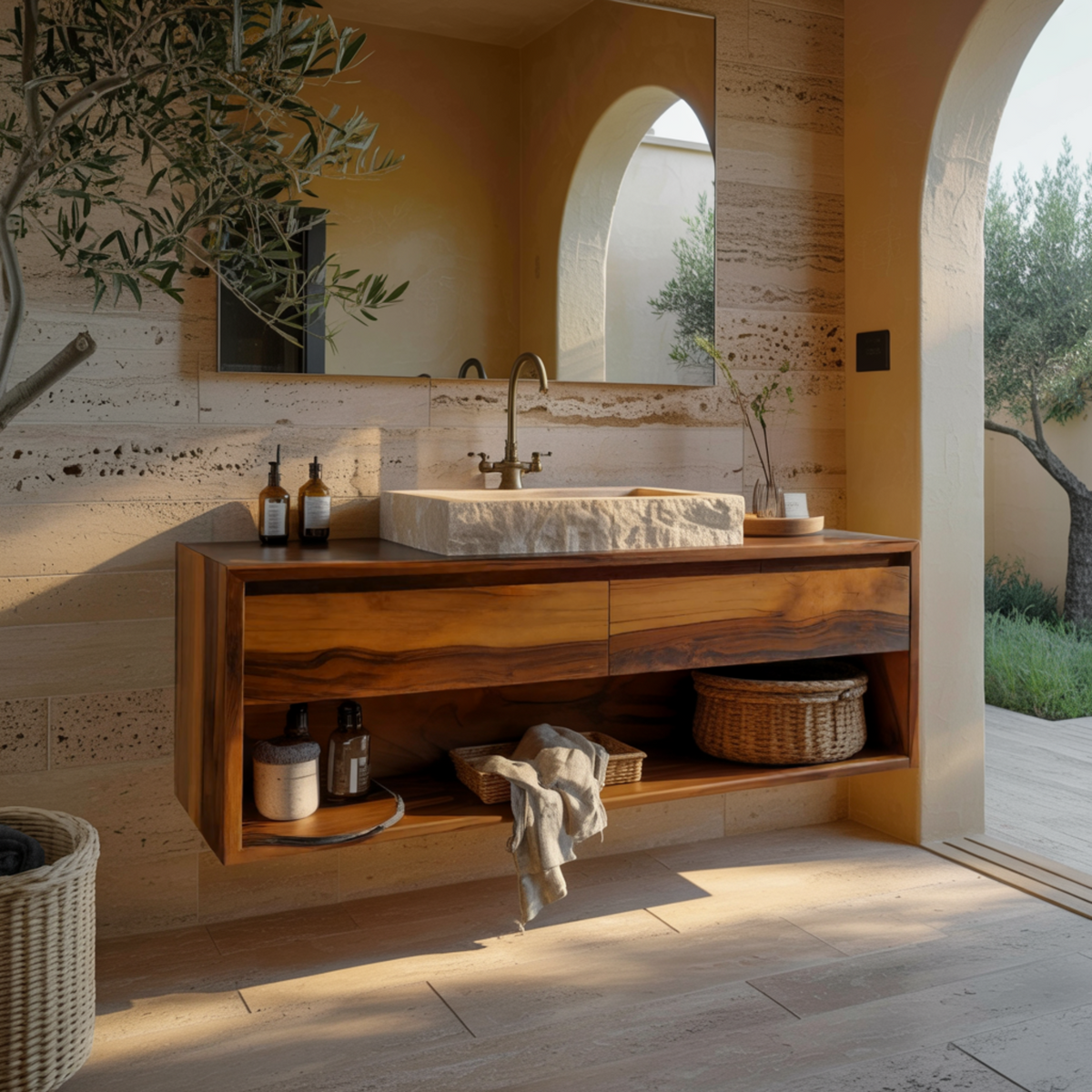 Lunara Minimal Japandi Handcrafted Solid Wood Floating Bathroom Vanity With Drawers