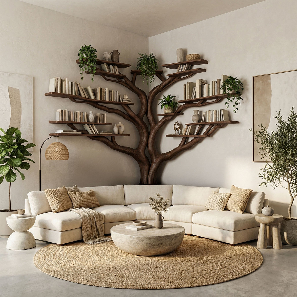 Tree Floating Corner Bookshelf With Corner Bench Lshaped