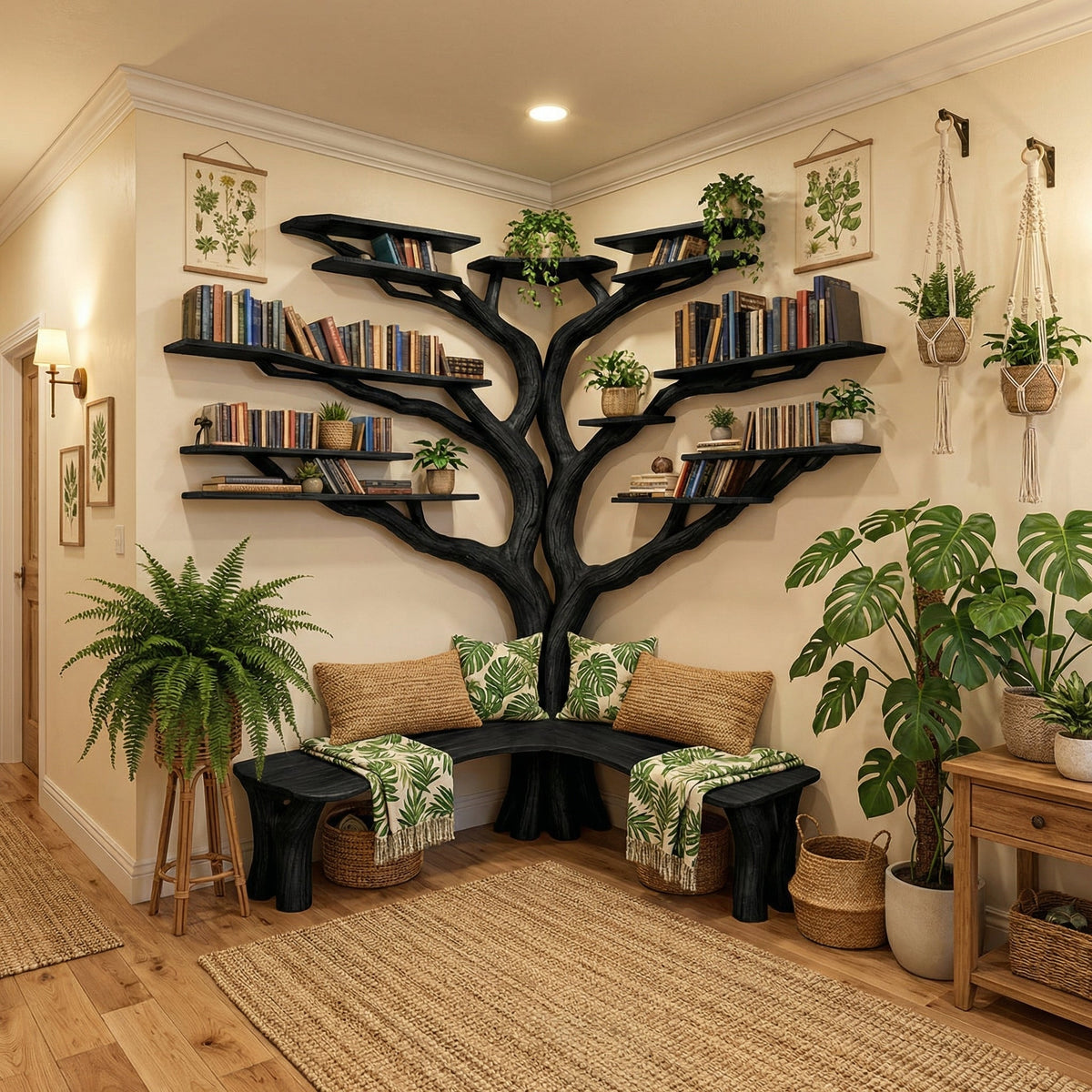 Tree Floating Corner Bookshelf With Corner Bench Lshaped