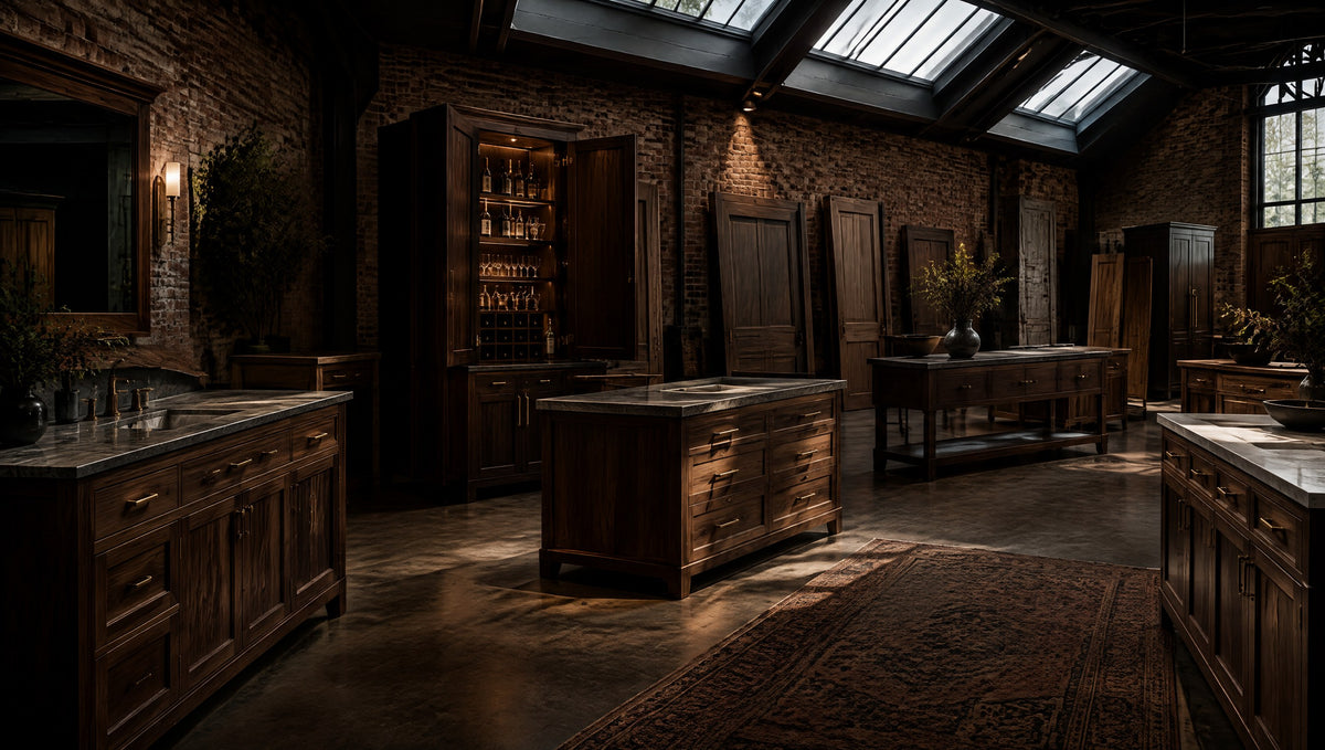 Inside a cabinet shop with finished solid wood vanities, a bar cabinet, doors and consoles